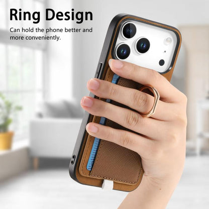 For iPhone 17 Pro Retro Cross Leather Ring Side Insert Card Bag MagSafe Phone Case(Brown) - iPhone 17 Pro Cases by buy2fix | Online Shopping UK | buy2fix