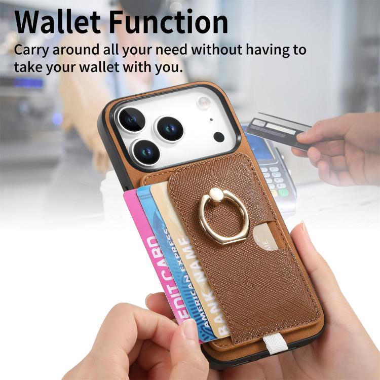 For iPhone 17 Pro Retro Cross Leather Ring Side Insert Card Bag MagSafe Phone Case(Brown) - iPhone 17 Pro Cases by buy2fix | Online Shopping UK | buy2fix