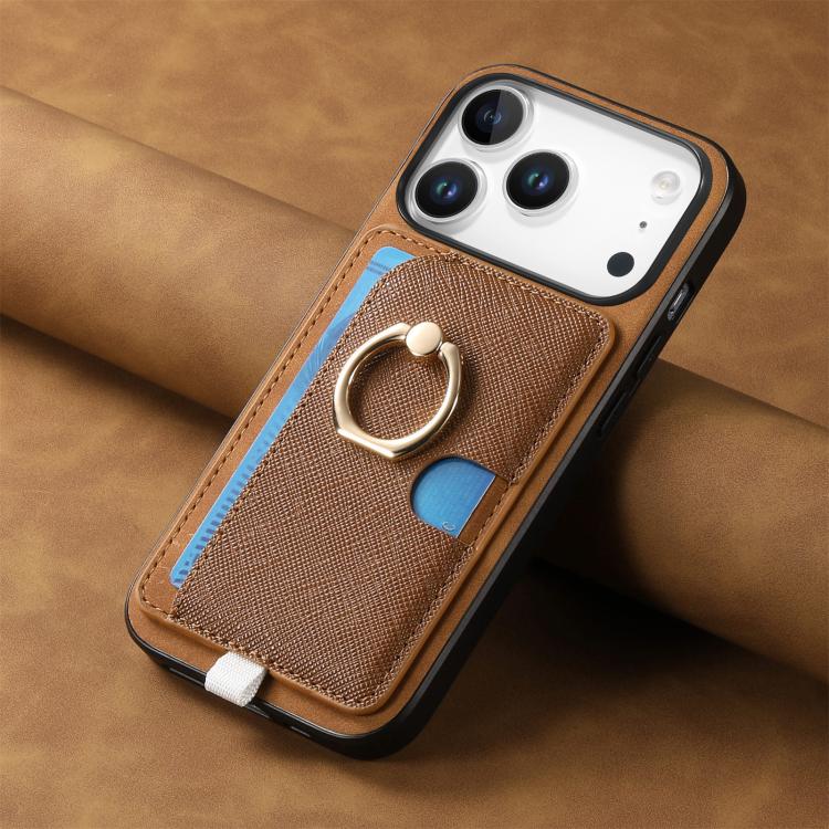 For iPhone 17 Pro Retro Cross Leather Ring Side Insert Card Bag MagSafe Phone Case(Brown) - iPhone 17 Pro Cases by buy2fix | Online Shopping UK | buy2fix