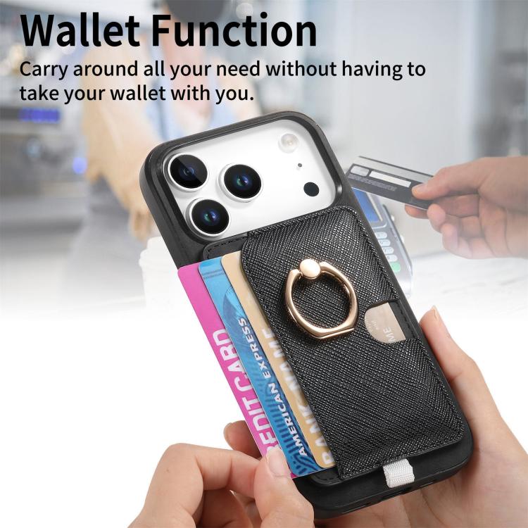 For iPhone 17 Pro Retro Cross Leather Ring Side Insert Card Bag MagSafe Phone Case(Black) - iPhone 17 Pro Cases by buy2fix | Online Shopping UK | buy2fix