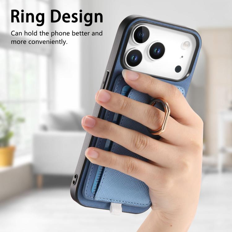 For iPhone 17 Pro Max Retro Cross Leather Ring Side Insert Card Bag MagSafe Phone Case(Blue) - iPhone 17 Pro Max Cases by buy2fix | Online Shopping UK | buy2fix
