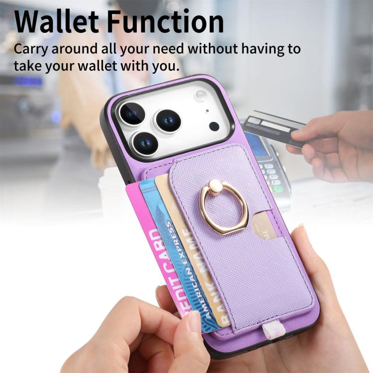 For iPhone 17 Pro Max Retro Cross Leather Ring Side Insert Card Bag MagSafe Phone Case(Purple) - iPhone 17 Pro Max Cases by buy2fix | Online Shopping UK | buy2fix