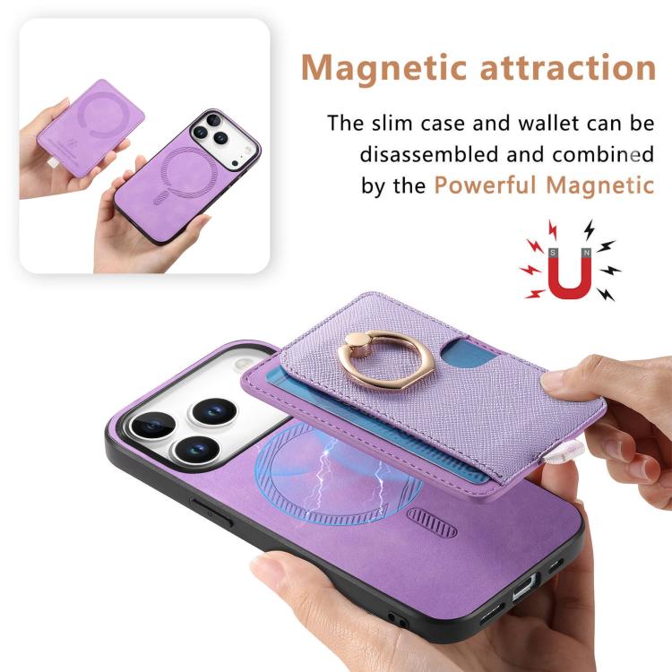 For iPhone 17 Pro Max Retro Cross Leather Ring Side Insert Card Bag MagSafe Phone Case(Purple) - iPhone 17 Pro Max Cases by buy2fix | Online Shopping UK | buy2fix