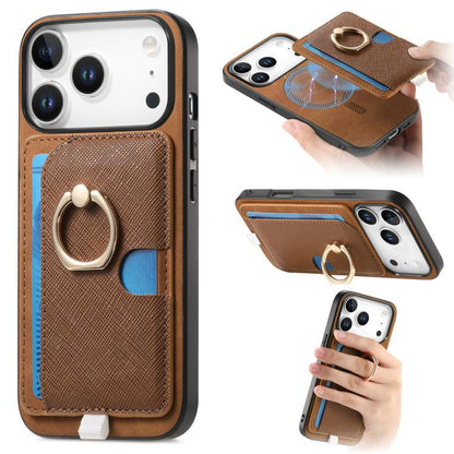 For iPhone 17 Pro Max Retro Cross Leather Ring Side Insert Card Bag MagSafe Phone Case(Brown) - iPhone 17 Pro Max Cases by buy2fix | Online Shopping UK | buy2fix