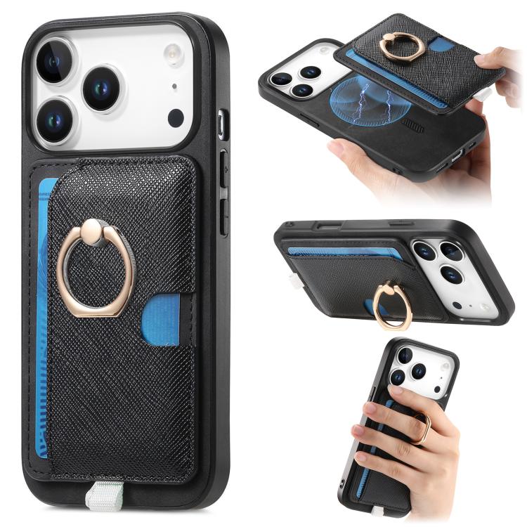 For iPhone 17 Pro Max Retro Cross Leather Ring Side Insert Card Bag MagSafe Phone Case(Black) - iPhone 17 Pro Max Cases by buy2fix | Online Shopping UK | buy2fix