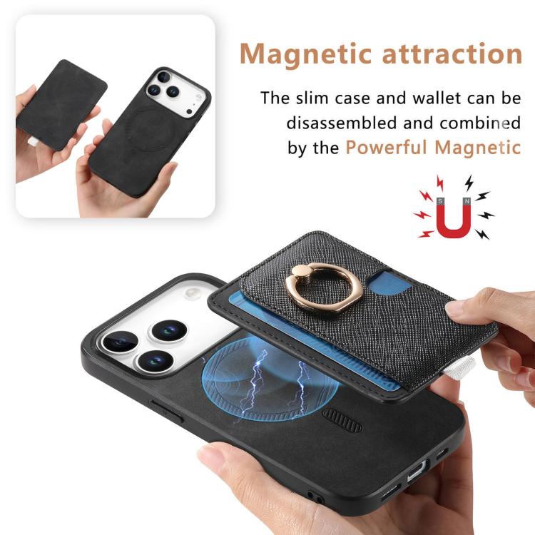 For iPhone 17 Pro Max Retro Cross Leather Ring Side Insert Card Bag MagSafe Phone Case(Black) - iPhone 17 Pro Max Cases by buy2fix | Online Shopping UK | buy2fix