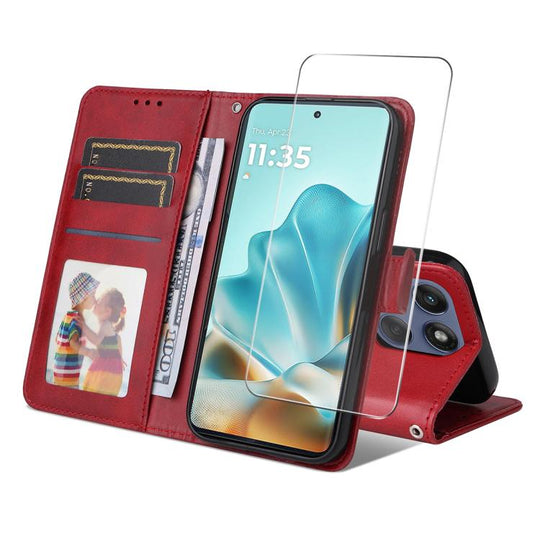 For Motorola Edge 60 Fusion ENKAY Card Wallet Calf Texture Leather Phone Case with Screen Film(Red)