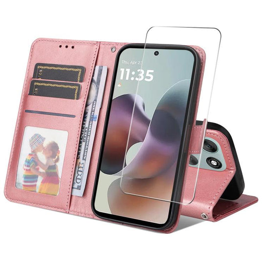 For Motorola Moto G86 / G86 Power ENKAY Card Wallet Calf Texture Leather Phone Case with Screen Film(Pink)
