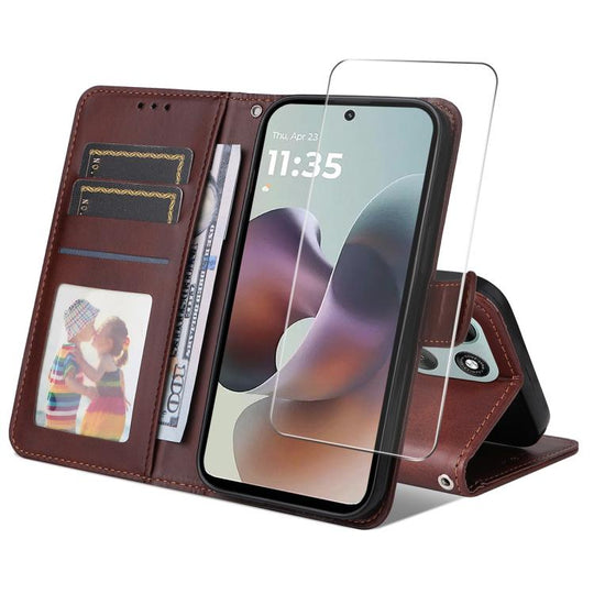 For Motorola Moto G86 / G86 Power ENKAY Card Wallet Calf Texture Leather Phone Case with Screen Film(Brown)