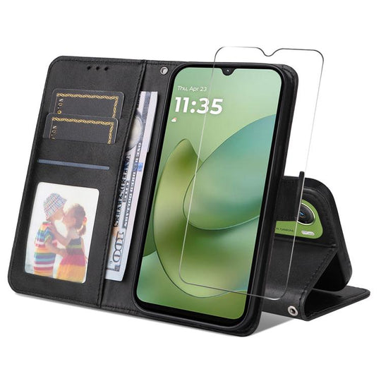 For Motorola Moto G06 4G / G06 Power 4G ENKAY Card Wallet Calf Texture Leather Phone Case with Screen Film(Black)