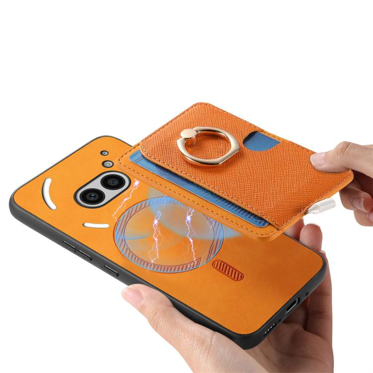 For Nothing CMF Phone 1 Retro Cross Leather Ring Side Insert Card Bag MagSafe Phone Case(Yellow) - Nothing Cases by buy2fix | Online Shopping UK | buy2fix