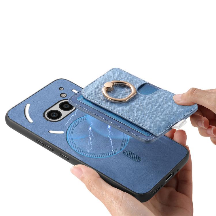 For Nothing CMF Phone 1 Retro Cross Leather Ring Side Insert Card Bag MagSafe Phone Case(Blue) - More Brand by buy2fix | Online Shopping UK | buy2fix