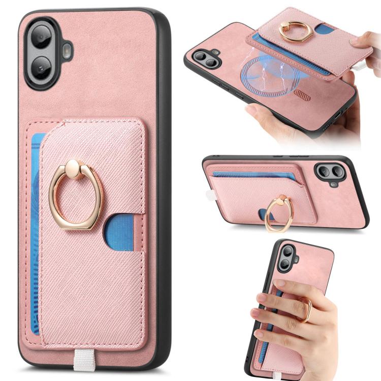 For Nothing CMF Phone 1 Retro Cross Leather Ring Side Insert Card Bag MagSafe Phone Case(Pink) - Nothing Cases by buy2fix | Online Shopping UK | buy2fix