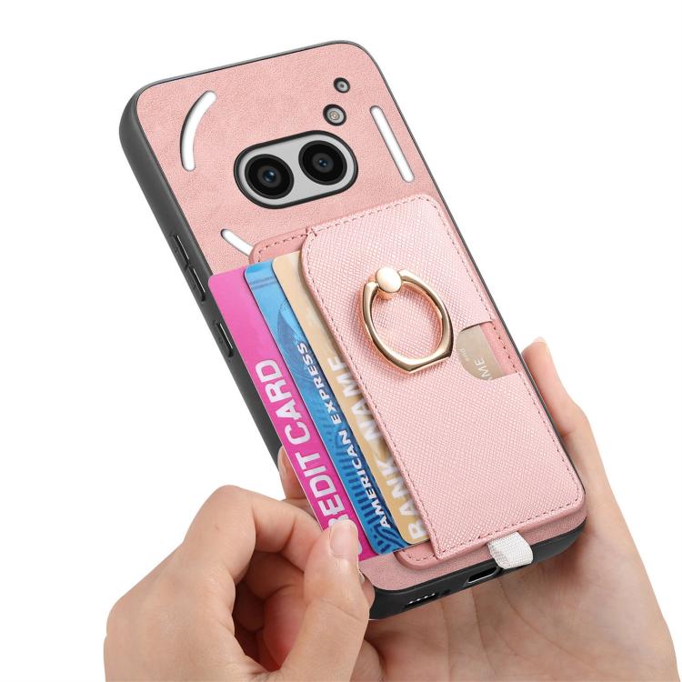 For Nothing CMF Phone 1 Retro Cross Leather Ring Side Insert Card Bag MagSafe Phone Case(Pink) - Nothing Cases by buy2fix | Online Shopping UK | buy2fix