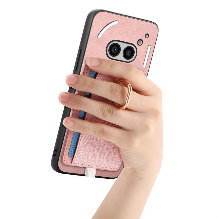 For Nothing CMF Phone 1 Retro Cross Leather Ring Side Insert Card Bag MagSafe Phone Case(Pink) - Nothing Cases by buy2fix | Online Shopping UK | buy2fix