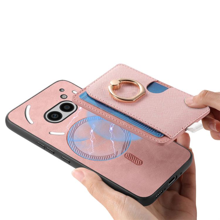 For Nothing CMF Phone 1 Retro Cross Leather Ring Side Insert Card Bag MagSafe Phone Case(Pink) - Nothing Cases by buy2fix | Online Shopping UK | buy2fix