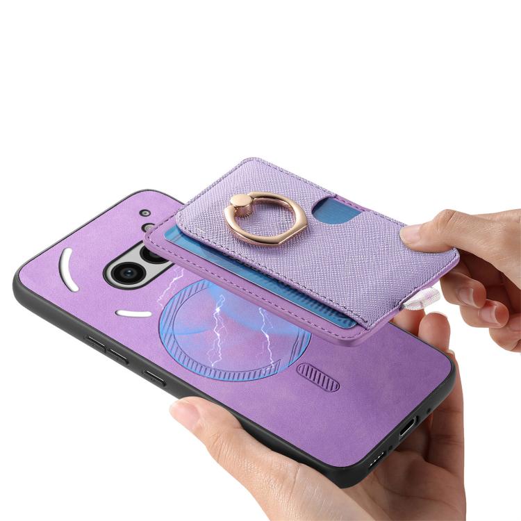 For Nothing CMF Phone 1 Retro Cross Leather Ring Side Insert Card Bag MagSafe Phone Case(Purple) - Nothing Cases by buy2fix | Online Shopping UK | buy2fix