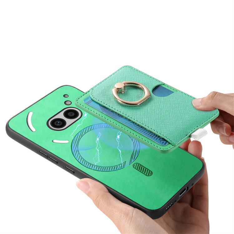 For Nothing CMF Phone 1 Retro Cross Leather Ring Side Insert Card Bag MagSafe Phone Case(Green) - More Brand by buy2fix | Online Shopping UK | buy2fix