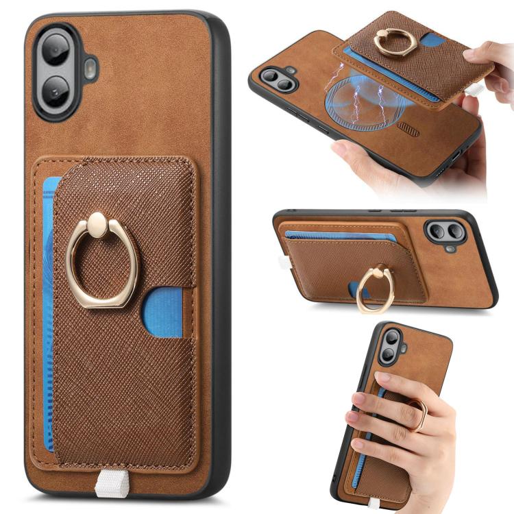 For Nothing CMF Phone 1 Retro Cross Leather Ring Side Insert Card Bag MagSafe Phone Case(Brown) - Nothing Cases by buy2fix | Online Shopping UK | buy2fix