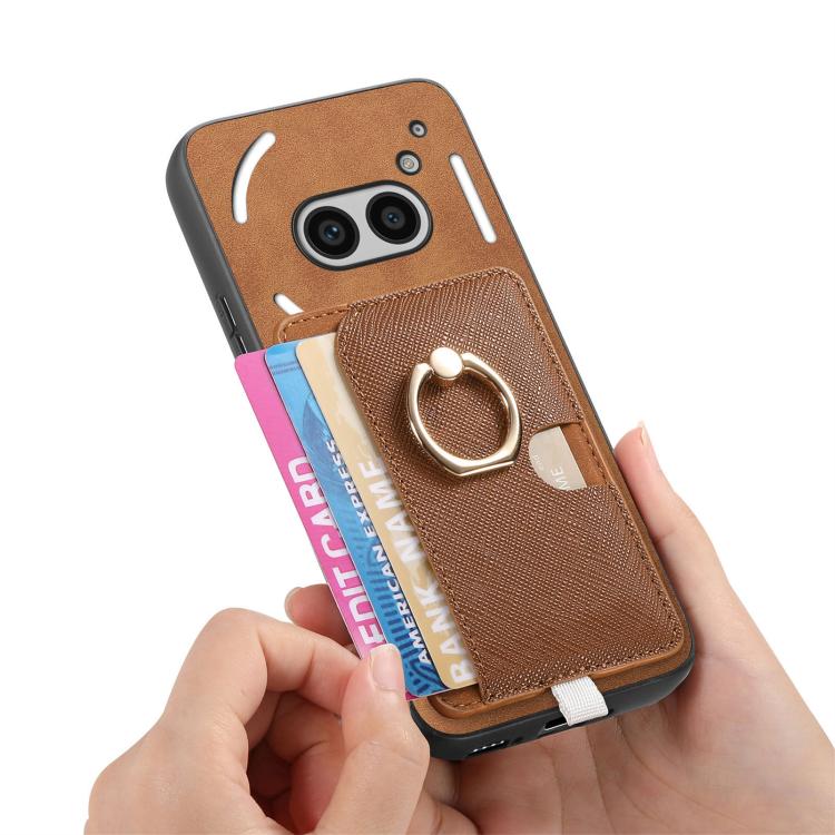 For Nothing CMF Phone 1 Retro Cross Leather Ring Side Insert Card Bag MagSafe Phone Case(Brown) - Nothing Cases by buy2fix | Online Shopping UK | buy2fix