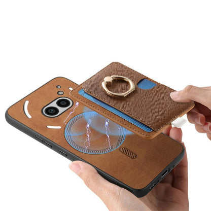 For Nothing CMF Phone 1 Retro Cross Leather Ring Side Insert Card Bag MagSafe Phone Case(Brown) - Nothing Cases by buy2fix | Online Shopping UK | buy2fix