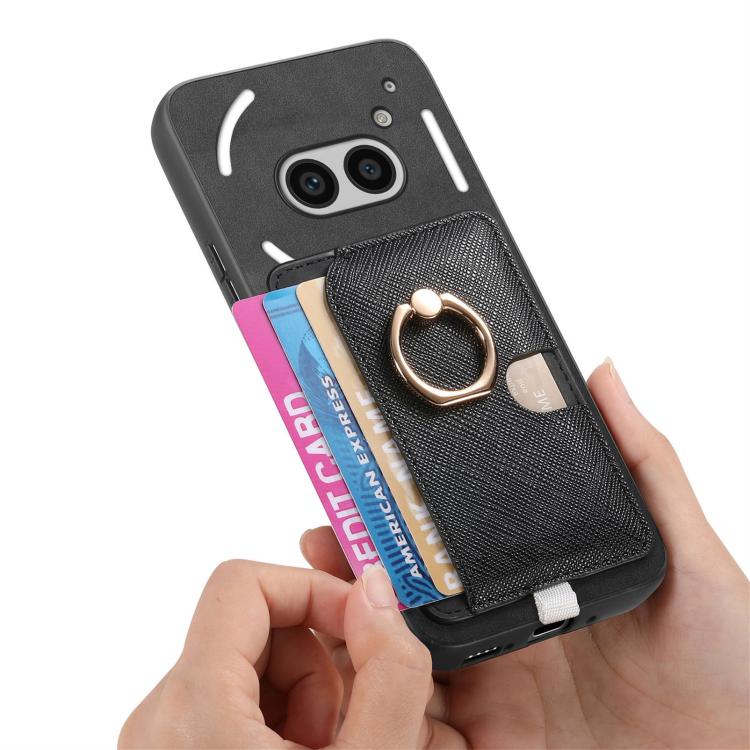 For Nothing CMF Phone 1 Retro Cross Leather Ring Side Insert Card Bag MagSafe Phone Case(Black) - Nothing Cases by buy2fix | Online Shopping UK | buy2fix