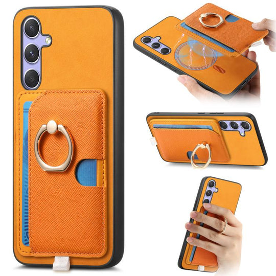 For Samsung Galaxy S24 FE 5G Retro Cross Leather Ring Side Insert Card Bag MagSafe Phone Case(Yellow)