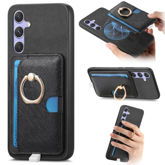For Samsung Galaxy S24 FE 5G Retro Cross Leather Ring Side Insert Card Bag MagSafe Phone Case(Black)