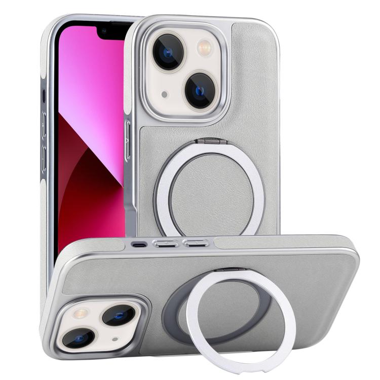 For iPhone 13 Plated Leather Grain Rotation MagSafe Holder Phone Case(Grayish Green) - iPhone 13 Cases by buy2fix | Online Shopping UK | buy2fix