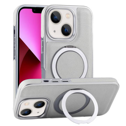 For iPhone 13 Plated Leather Grain Rotation MagSafe Holder Phone Case(Grayish Green) - iPhone 13 Cases by buy2fix | Online Shopping UK | buy2fix