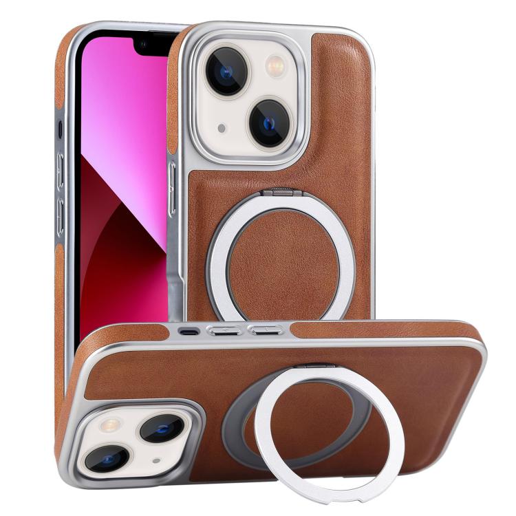 For iPhone 13 Plated Leather Grain Rotation MagSafe Holder Phone Case(Brown) - iPhone 13 Cases by buy2fix | Online Shopping UK | buy2fix
