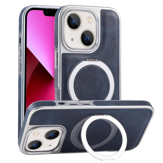 For iPhone 13 Plated Leather Grain Rotation MagSafe Holder Phone Case(Blue) - iPhone 13 Cases by buy2fix | Online Shopping UK | buy2fix