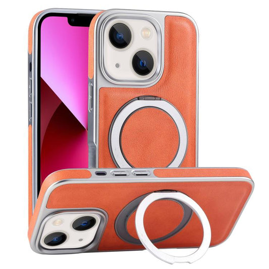 For iPhone 13 Plated Leather Grain Rotation MagSafe Holder Phone Case(Orange) - iPhone 13 Cases by buy2fix | Online Shopping UK | buy2fix