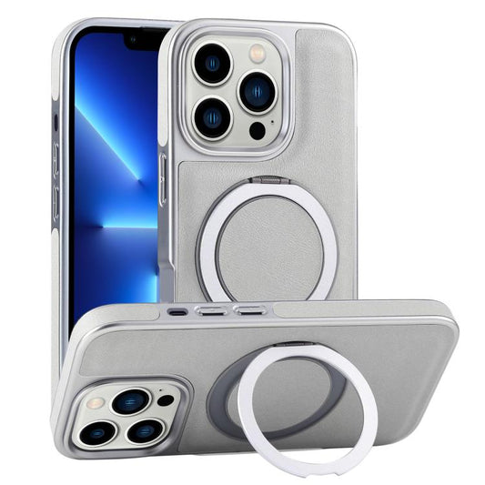 For iPhone 13 Pro Plated Leather Grain Rotation MagSafe Holder Phone Case(Grayish Green) - iPhone 13 Pro Cases by buy2fix | Online Shopping UK | buy2fix