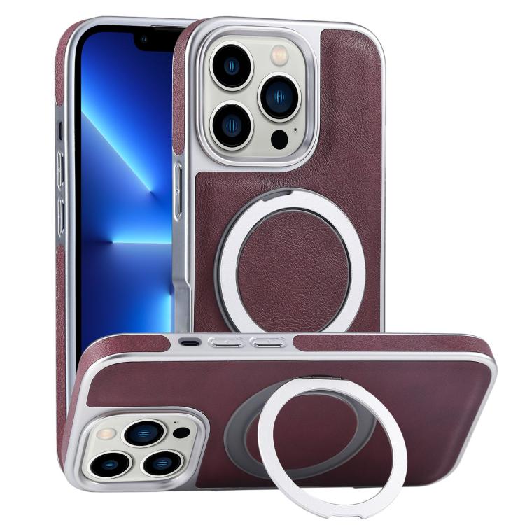 For iPhone 13 Pro Plated Leather Grain Rotation MagSafe Holder Phone Case(Dark Red) - iPhone 13 Pro Cases by buy2fix | Online Shopping UK | buy2fix