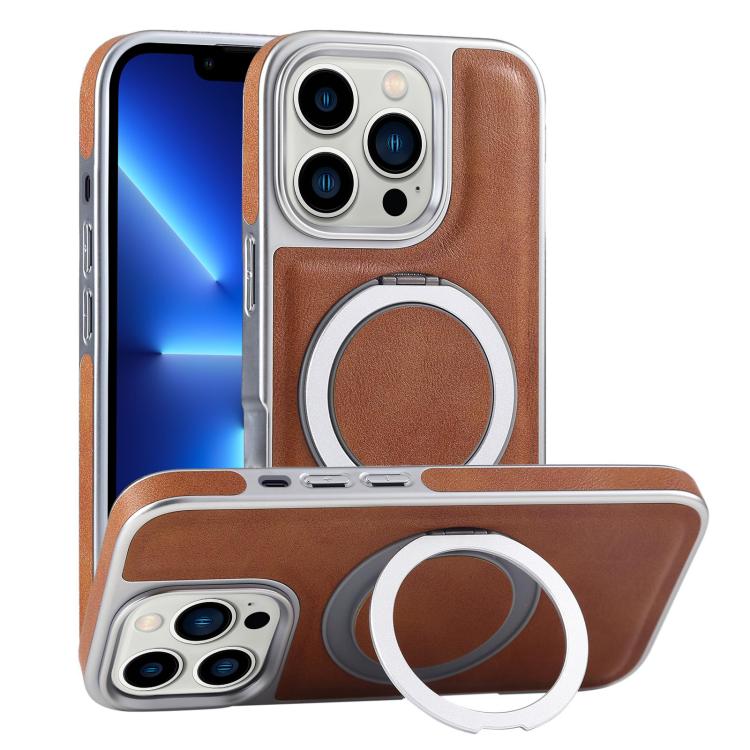 For iPhone 13 Pro Plated Leather Grain Rotation MagSafe Holder Phone Case(Brown) - iPhone 13 Pro Cases by buy2fix | Online Shopping UK | buy2fix