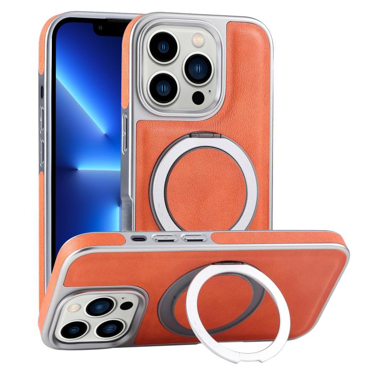 For iPhone 13 Pro Plated Leather Grain Rotation MagSafe Holder Phone Case(Orange) - iPhone 13 Pro Cases by buy2fix | Online Shopping UK | buy2fix