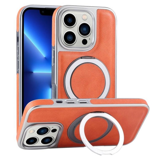 For iPhone 13 Pro Plated Leather Grain Rotation MagSafe Holder Phone Case(Orange) - iPhone 13 Pro Cases by buy2fix | Online Shopping UK | buy2fix