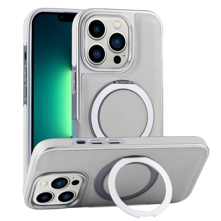 For iPhone 13 Pro Max Plated Leather Grain Rotation MagSafe Holder Phone Case(Grayish Green) - iPhone 13 Pro Max Cases by buy2fix | Online Shopping UK | buy2fix