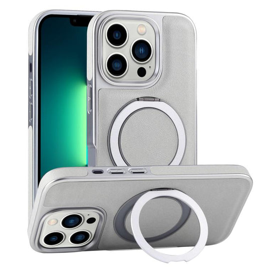 For iPhone 13 Pro Max Plated Leather Grain Rotation MagSafe Holder Phone Case(Grayish Green) - iPhone 13 Pro Max Cases by buy2fix | Online Shopping UK | buy2fix