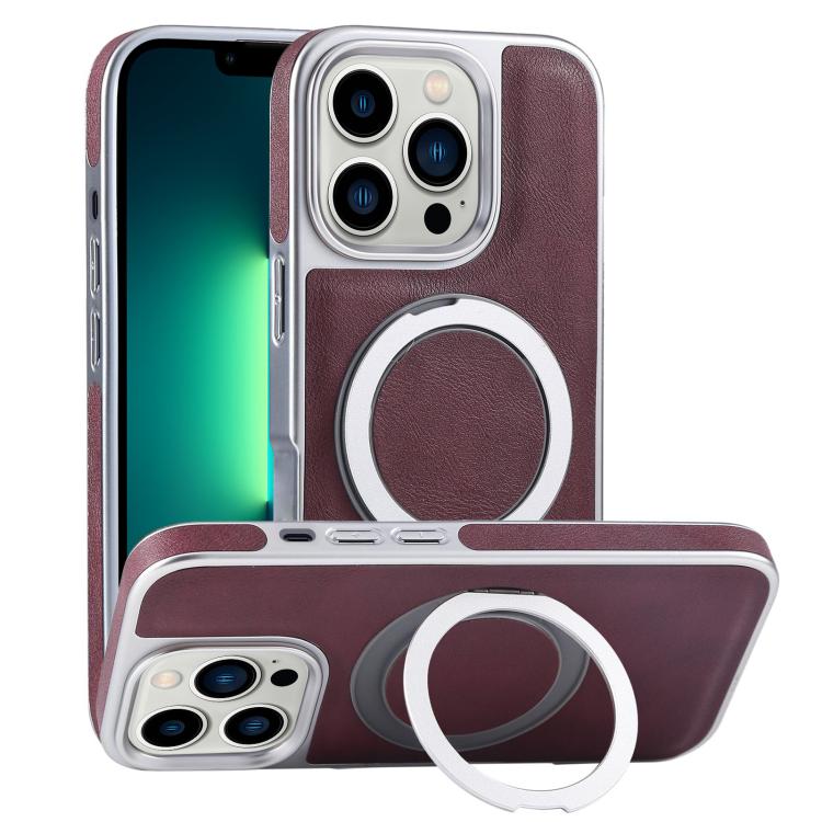 For iPhone 13 Pro Max Plated Leather Grain Rotation MagSafe Holder Phone Case(Dark Red) - iPhone 13 Pro Max Cases by buy2fix | Online Shopping UK | buy2fix