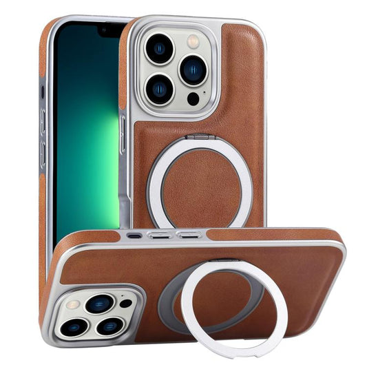 For iPhone 13 Pro Max Plated Leather Grain Rotation MagSafe Holder Phone Case(Brown) - iPhone 13 Pro Max Cases by buy2fix | Online Shopping UK | buy2fix