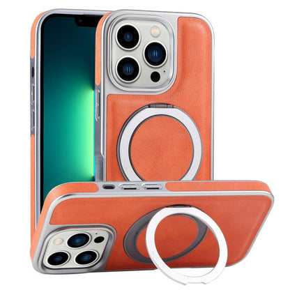 For iPhone 13 Pro Max Plated Leather Grain Rotation MagSafe Holder Phone Case(Orange) - iPhone 13 Pro Max Cases by buy2fix | Online Shopping UK | buy2fix