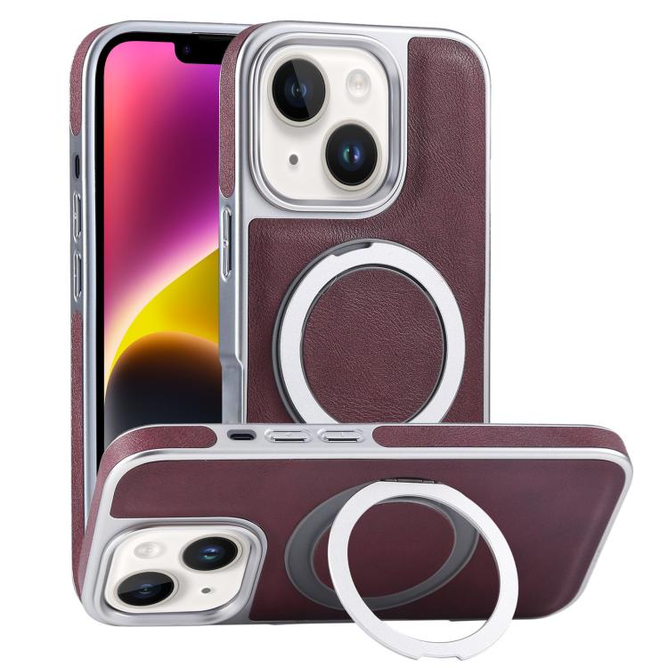 For iPhone 14 Plus Plated Leather Grain Rotation MagSafe Holder Phone Case(Dark Red) - iPhone 14 Plus Cases by buy2fix | Online Shopping UK | buy2fix
