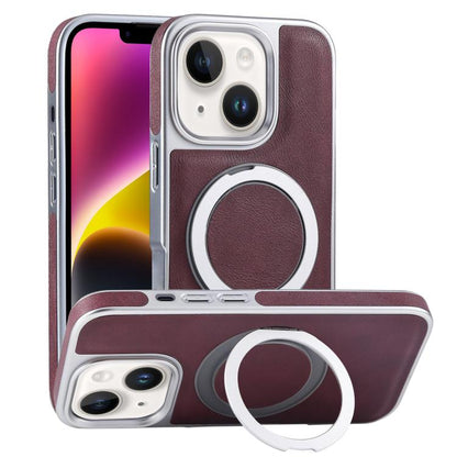 For iPhone 14 Plus Plated Leather Grain Rotation MagSafe Holder Phone Case(Dark Red) - iPhone 14 Plus Cases by buy2fix | Online Shopping UK | buy2fix
