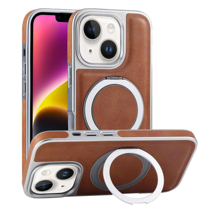 For iPhone 14 Plus Plated Leather Grain Rotation MagSafe Holder Phone Case(Brown) - iPhone 14 Plus Cases by buy2fix | Online Shopping UK | buy2fix