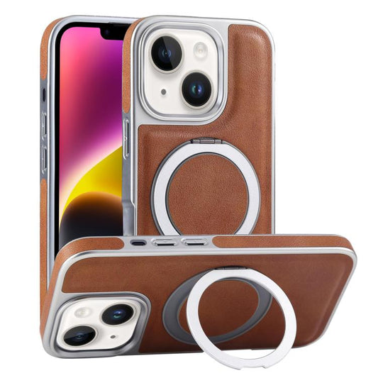 For iPhone 14 Plus Plated Leather Grain Rotation MagSafe Holder Phone Case(Brown) - iPhone 14 Plus Cases by buy2fix | Online Shopping UK | buy2fix