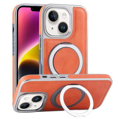 For iPhone 14 Plus Plated Leather Grain Rotation MagSafe Holder Phone Case(Orange) - iPhone 14 Plus Cases by buy2fix | Online Shopping UK | buy2fix