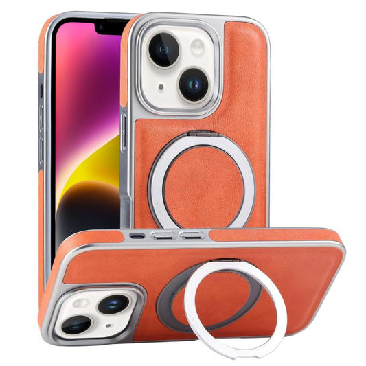 For iPhone 14 Plus Plated Leather Grain Rotation MagSafe Holder Phone Case(Orange) - iPhone 14 Plus Cases by buy2fix | Online Shopping UK | buy2fix