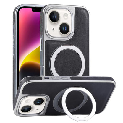 For iPhone 14 Plus Plated Leather Grain Rotation MagSafe Holder Phone Case(Black) - iPhone 14 Plus Cases by buy2fix | Online Shopping UK | buy2fix